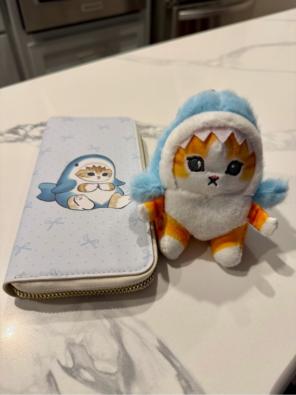 Mofusand Shark Plush Cat in Blue Shark Hoodie and matching wallet